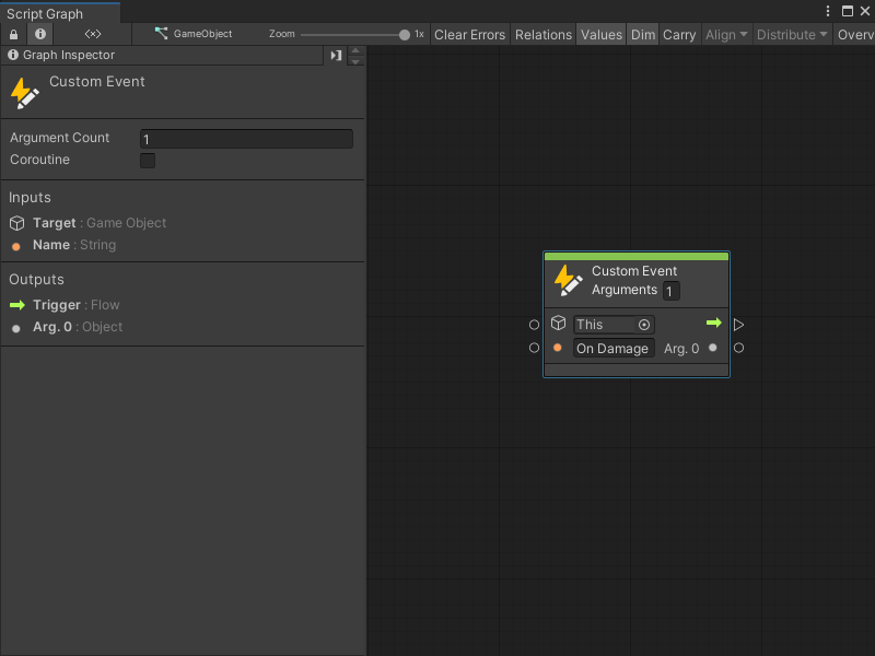 An image of the Graph window, that displays a Custom Event node. Its Arguments are set to 1, its Target is set to This, and its Name is set to On Damage.